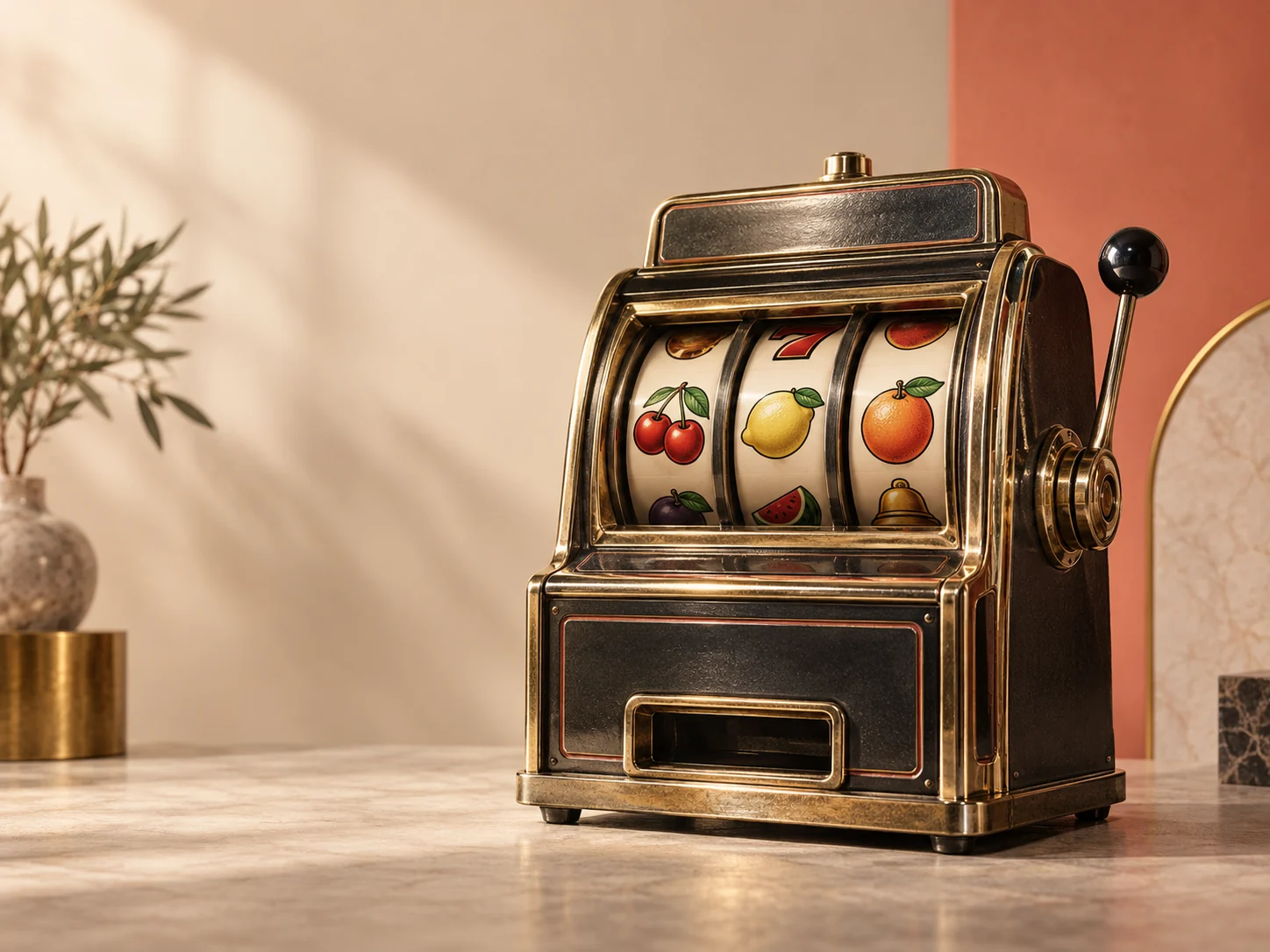 Sıcak tonlu stüdyoda üç makaralı klasik slot makinesi